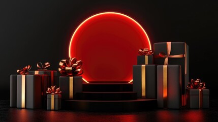 Elegant Gift Presentation with Black Boxes, Golden Ribbons, and Red Circular Light on Dark Background
