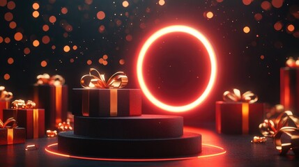 Festive Holiday Scene with Gift Boxes and Glowing Circular Light in a Dark Background