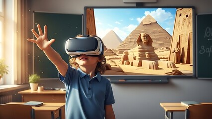 Young boy wearing a VR headset in a classroom, immersed in a virtual reality experience of ancient Egypt with pyramids and the Sphinx on a screen.
