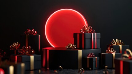 Festive Black Gift Boxes with Red Ribbons and Glow in Stylish Holiday Celebration Setting