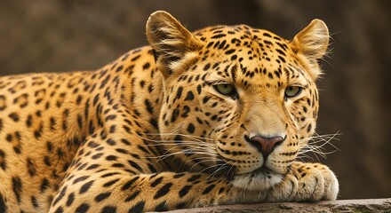 Fototapeta premium Leopard resting close up showing detailed fur and alert expression