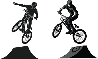 Fototapeta premium Extreme BMX stunt riders performing aerial tricks with bicycles on ramps, urban freestyle sport illustration perfect for posters, t-shirts, and vector design.