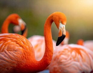Close-up of vibrant orange flamingo with black beak in natural light