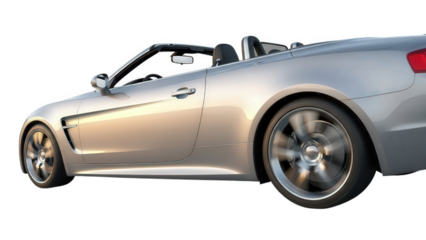 Silver convertible sports car in motion, isolated for dynamic driving isolated on transparent background