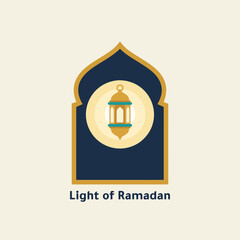 Obraz premium Light of Ramadan concept featuring a single, detailed Islamic lantern inside a stylized, minimalist arch on a beige background.