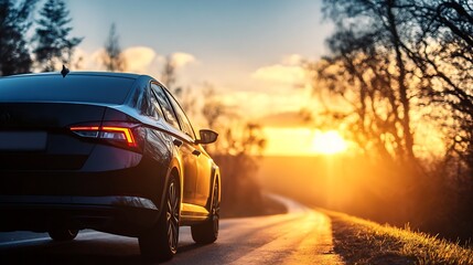 Fototapeta premium Scenic car journey at sunset with rain streaks on window
