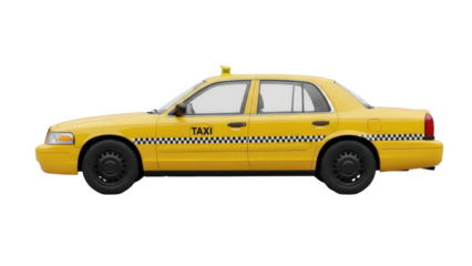 Classic yellow taxi cab, side view, ready for passenger service isolated on transparent background