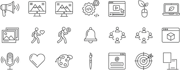 Digital Marketing, SEO, Web Development, Design, Social Media, Communication, Content Creation, Technology, Business Strategy, and Creative Process Line Art.