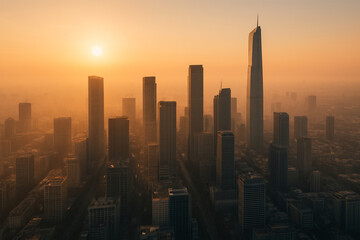 Fototapeta premium Aerial view of a modern city skyline with numerous skyscrapers bathed in the warm glow of a hazy sunset.