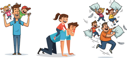 Happy father spending quality time playing fun games with children, enjoying pillow fight, shoulder ride, and piggyback outdoor family activities.