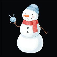 Cute snowman knitting yarn, watercolor vector winter illustration, isolated on transparent background
