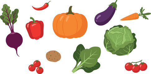 Fresh Organic Vegetable Set with Colorful Farm Produce and Healthy Food Icons
