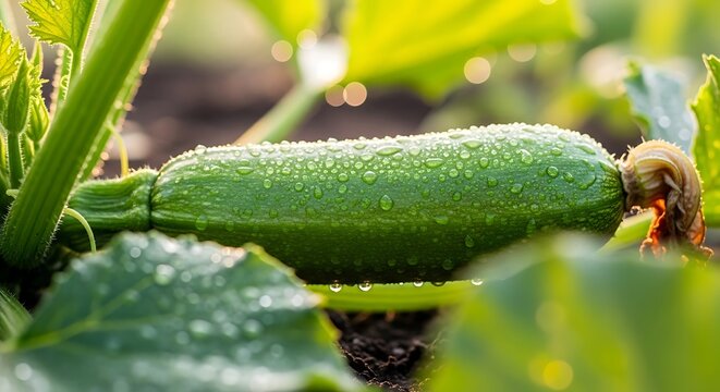 Fresh green zucchini with water drops growing on the vine in a summer garden.