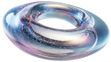 Abstract transparent glass torus featuring a shimmering spiral galaxy and sparkling glitter, creating a cosmic and surreal visual on a neutral backdrop