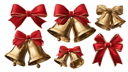 Golden bells and red bows collection festive holiday decorations for Christmas and New Year isolated on white background.