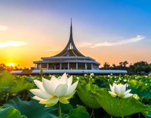 Scenic view of white lotus blossoms, a pond, and unique architectural structure against a sunset sky