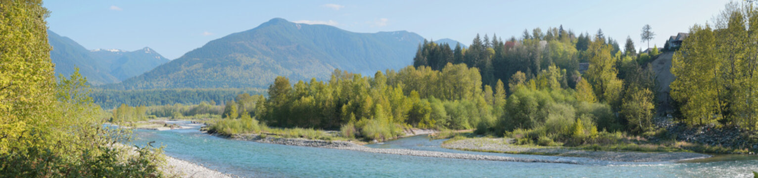 Panorama of Chilliwack River as seen from the Vedder Rotary Trail North during a spring season in Chilliwack, Fraser Valley, British Columbia, Canada