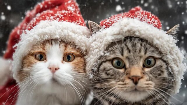 Two fluffy cats in festive Santa hats gaze up amid softly falling snow and glinting lights, tonight