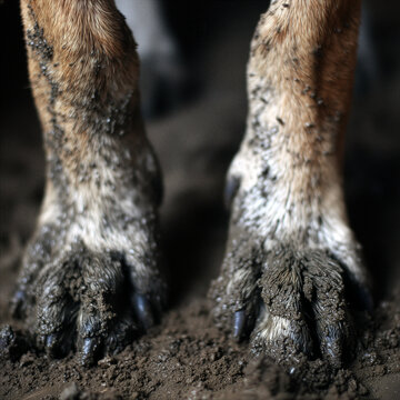 dog paws covered in mud, closeup on dirty floor