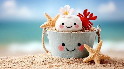 Summer school cover: cartoon bucket chats with starfish & crab, blue sea blank for title—print A4 or e-courseware dual use