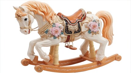 Early-learning enrollment social template: close-up side-shot rocking horse with red ribbon, blank for age—IG Story or Xiaohongshu vertical cover