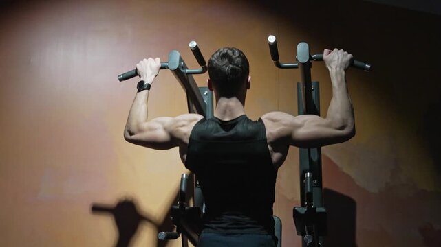 Sport training. Man sportsman do pullup exercise. Muscular biceps and triceps. Strong athlete. Man pullup at gym. Muscular man sportsman with strong back muscle. Sport pullup workout. Slow motion