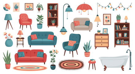 A large and stylish set of cozy home interior furniture and decor elements, including sofas, armchairs, plants, and lighting fixtures. © Puspita
