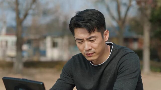 Man uses tablet outdoors