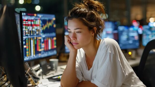 Focused Analyst at Work: A woman, immersed in concentration, surveys the data streams on her multiple computer screens. Capturing the intensity of a dedicated professional at work.