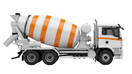 White and orange concrete mixer construction truck, side profile. isolated on transparent background