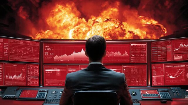 Crisis control: A focused individual in a command center, observes the unfolding chaos of an impending disaster.