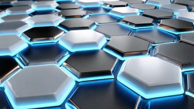 Hexagonal Abstract: A close-up view of a modern, geometric design. Highlighting a pattern of interlocked hexagonal shapes with a futuristic look and illuminated by a cool, energetic glow