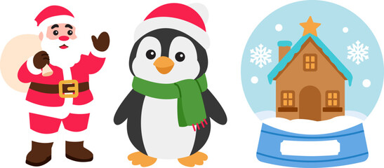 A cute Christmas character set featuring Santa Claus, winter penguin, and snow globe house for festive holiday illustration and decoration design.