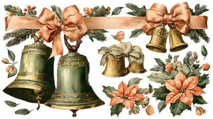 Christmas bells and poinsettias with ribbon vintage holiday decoration elements for festive design on white background.