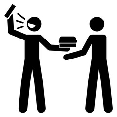 Vector icon or illustration of a man giving charity while posting the event on social media (performative goodness)