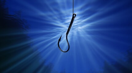 sinker. Close-up of a fishing hook submerged underwater with metallic reflections. lifestyle magazines, social media lookbooks, designed for influencer and brand collaborations.
