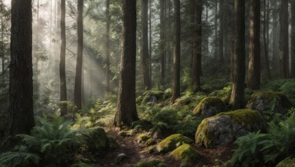 Obraz premium Sunlight Filtering Through a Dense Forest Canopy.