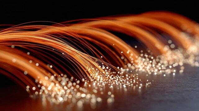 Fiber Optic Network: Illuminated fiber optic strands glisten, representing the core of modern communication networks, with bright lights symbolizing data transfer. 