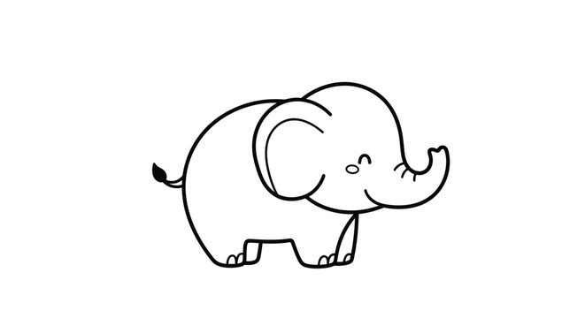 A simple and cute line art drawing of a smiling baby elephant perfect for a children's coloring book or nursery decor.