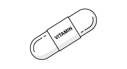 Simple Line Drawing of a White Vitamin Capsule with Label.