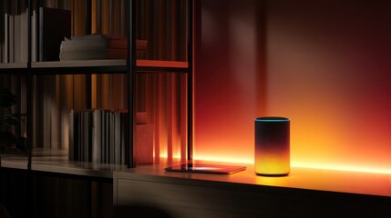 Warm contemporary home office with glowing gradient LED strip behind shelves, matte black smart speaker, wireless charging tray, and slim tablet