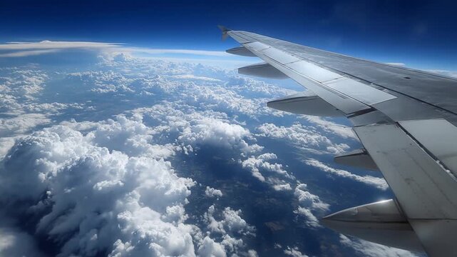 Window-view from a cruising plane silver wing, vast blue sky, and puffy white clouds above horizon
