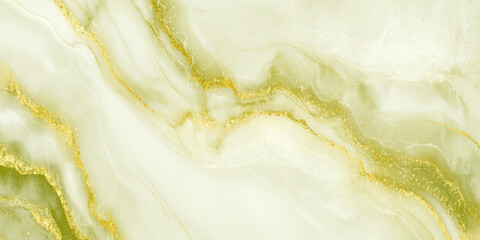 Abstract sage green and gold marble texture with luxurious alcohol ink swirls and shimmering golden veins background.