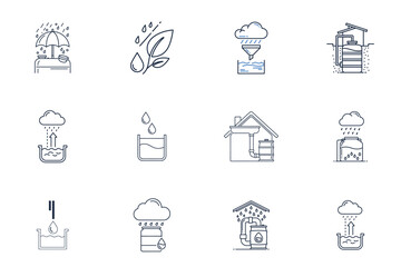 Fototapeta premium Rainwater Harvesting Icons Set – Eco Water Storage and Filtration Line Vector Pack