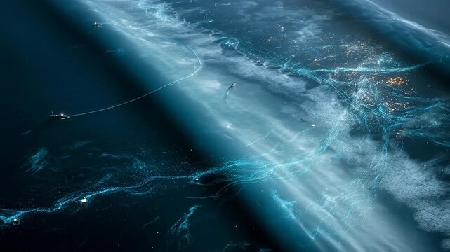Aerial view of bioluminescent plankton trail in dark ocean water