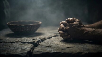 A poignant depiction of hands in prayer near an empty bowl on a desolate surface, symbolizing urgent global needs and fostering empathy on International Human Solidarity Day and human rights day
