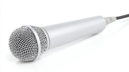 xlr. A silver microphone stands isolated on white, crisply lit from above for a clean product presentation. product launch decks, UI/UX mockups, designed for product launches and innovation pitches.
