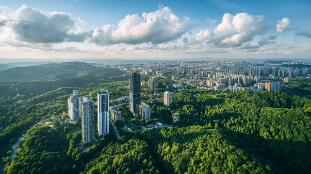 Aerial view of modern highrise building development near forest
