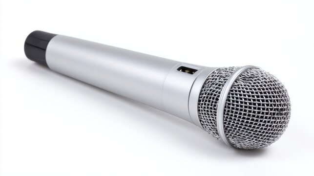 xlr. A silver microphone stands isolated on white, crisply lit from above for a clean product presentation. product launch decks, UI/UX mockups, designed for product launches and innovation pitches.
