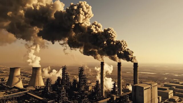 Industrial Factory Smoke Polution Against Clear Sky Sunrise Warm Light